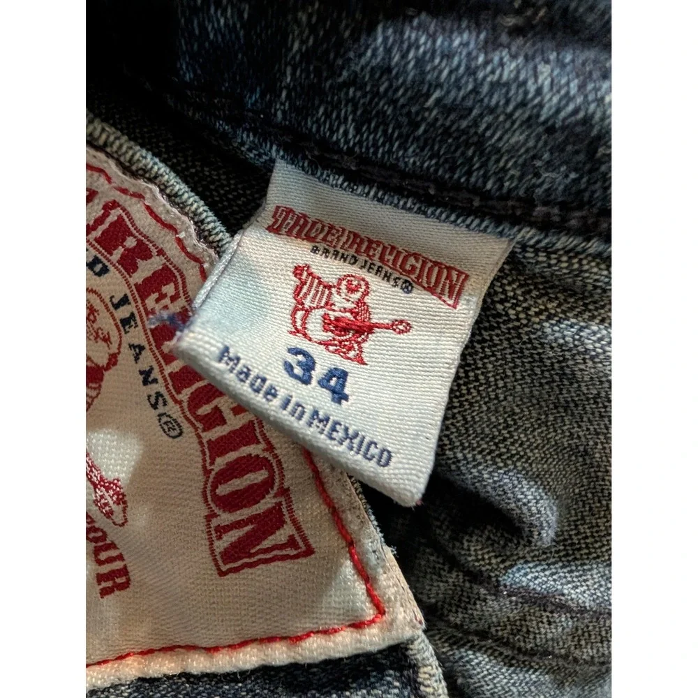 True Religion Moto Section Slim Biker Jeans Blue Denim Ribbed Knee Mens 34